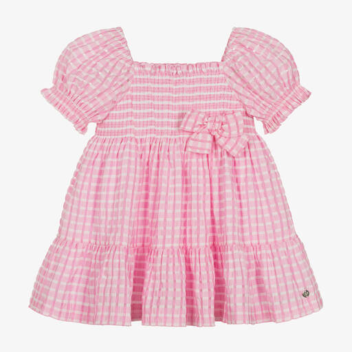 Paz Rodríguez-Girls Pink Shirred Gingham Seersucker Dress | Childrensalon
