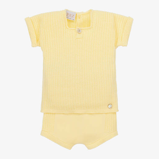 Paz Rodríguez-Yellow Knitted Cotton Baby Shorts Set | Childrensalon