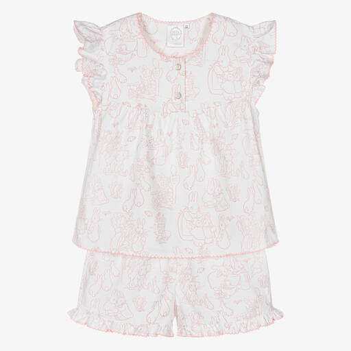 Peter Rabbit™ by Childrensalon-Girls White & Pink Short Cotton Pyjamas | Childrensalon