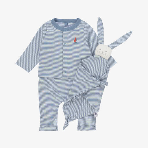 Petit Bateau-Baby Boys Blue Stripe Organic Cotton Trouser Set | Childrensalon