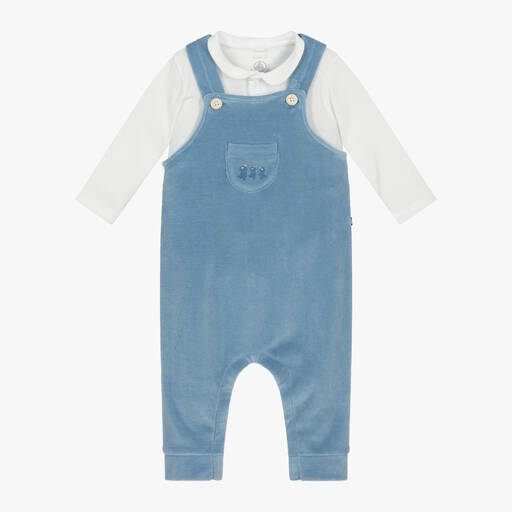 Petit Bateau-Baby Boys Blue Velour Dungarees Set | Childrensalon