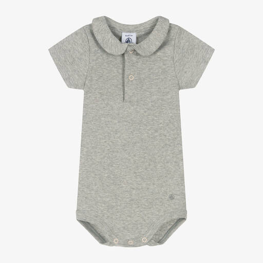 Petit Bateau-Baby Boys Grey Cotton Polo Bodysuit | Childrensalon