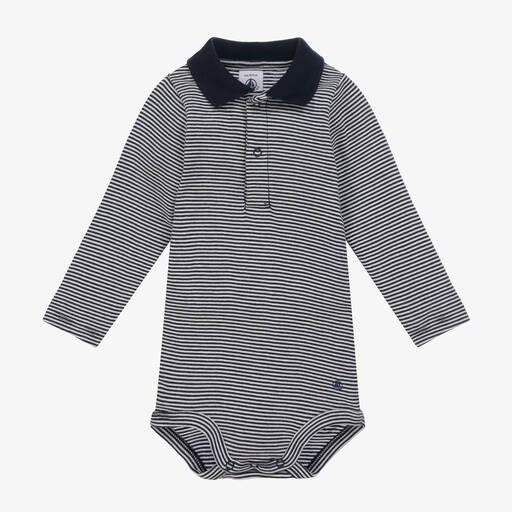 Petit Bateau-Baby Boys Navy Blue Cotton Striped Bodysuit | Childrensalon