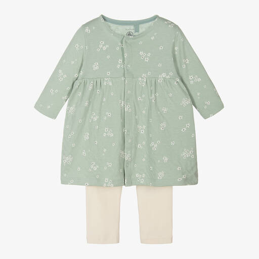 Petit Bateau-Baby Girls Green Floral Cotton Dress Set | Childrensalon