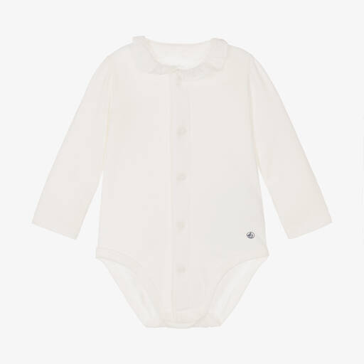 Petit Bateau-Baby Girls Ivory Cotton Ruffle Bodysuit | Childrensalon