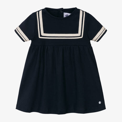 Petit Bateau-Baby Girls Navy Blue Cotton Sailor Dress | Childrensalon