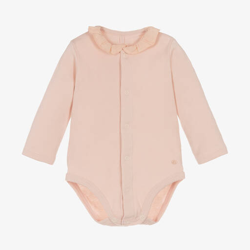 Petit Bateau-Baby Girls Pink Cotton Ruffle Bodysuit | Childrensalon