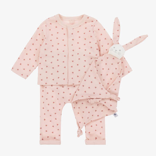 Petit Bateau-Baby Girls Pink Heart Organic Cotton Trouser Set | Childrensalon