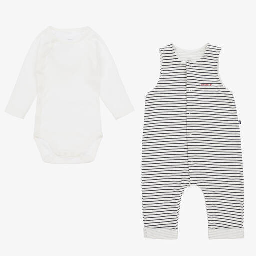 Petit Bateau-Blue Stripe Cotton Baby Dungaree Set | Childrensalon