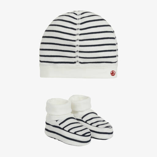 Petit Bateau-Blue & White Cotton Hat & Booties Set | Childrensalon
