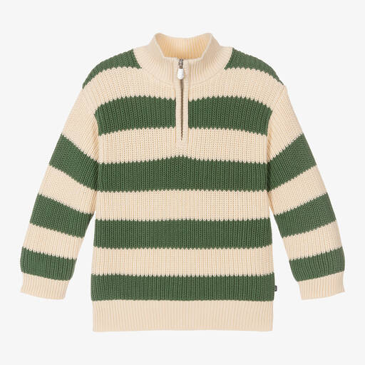 Petit Bateau-Boys Green Striped Cotton Knit Sweater | Childrensalon