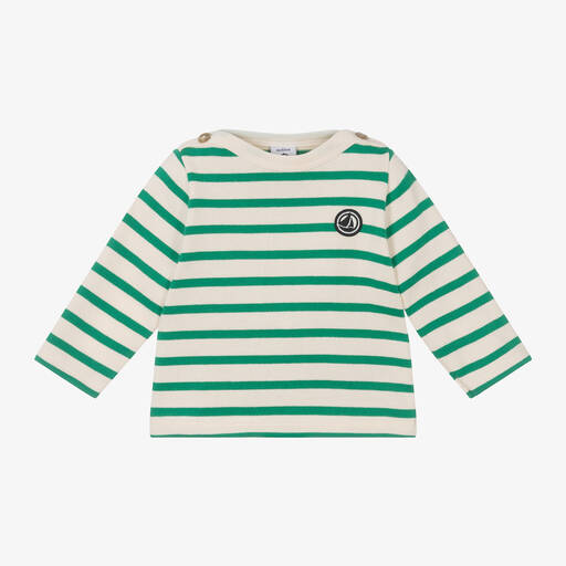 Petit Bateau-Boys Ivory & Green Stripe Cotton Top | Childrensalon
