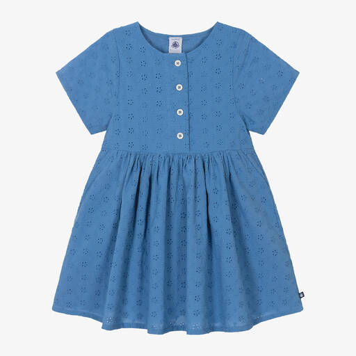 Petit Bateau-Girls Blue Broderie Anglaise Dress | Childrensalon