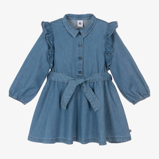 Petit Bateau-Girls Blue Denim Belted Dress | Childrensalon
