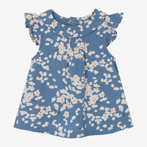 Petit Bateau-Girls Blue Organic Cotton Floral Blouse | Childrensalon