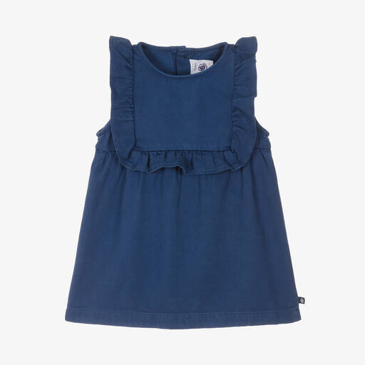 Petit Bateau-Girls Blue Twill Dress | Childrensalon
