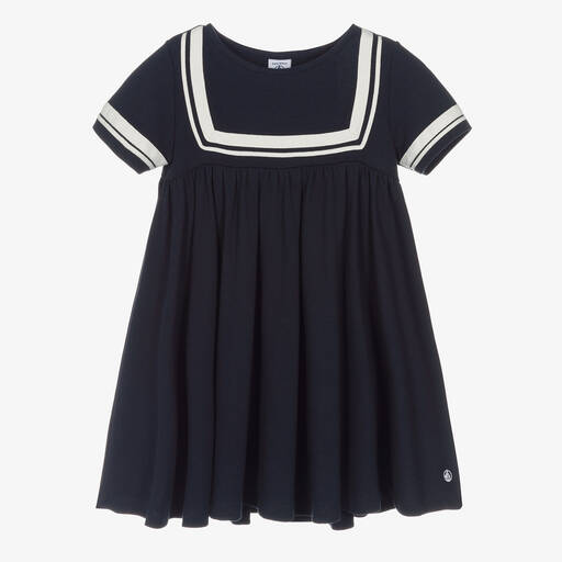 Petit Bateau-Girls Navy Blue Organic Cotton Sailor Dress | Childrensalon