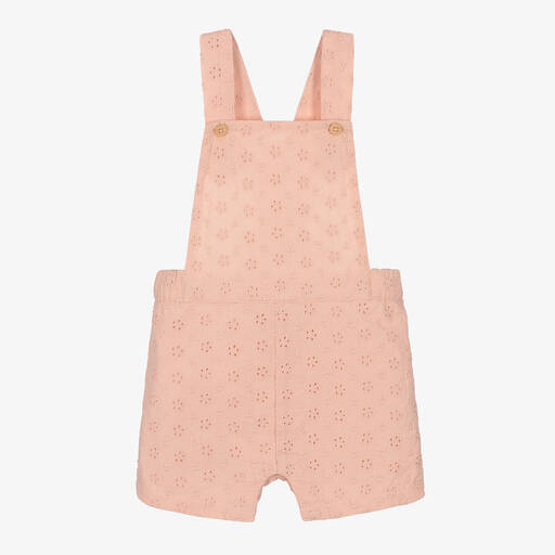 Petit Bateau-Girls Pink Broderie Anglaise Dungaree Shorts | Childrensalon