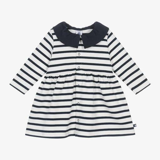 Petit Bateau-Girls White & Blue Breton Stripe Dress | Childrensalon