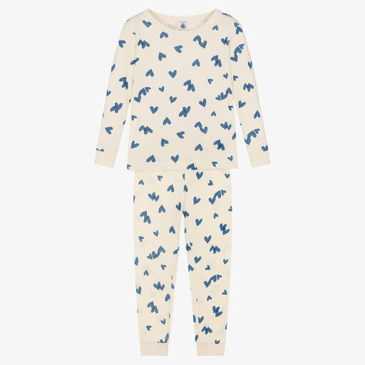 Petit Bateau-Кремовая хлопковая пижама с голубыми сердечками | Childrensalon