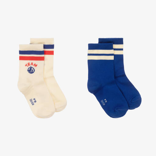 Petit Bateau-Ivory & Blue Striped Cotton Socks (2 Pack) | Childrensalon