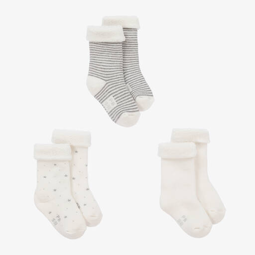 Petit Bateau-Socken in Elfenbein und Grau (3er-Pack) | Childrensalon