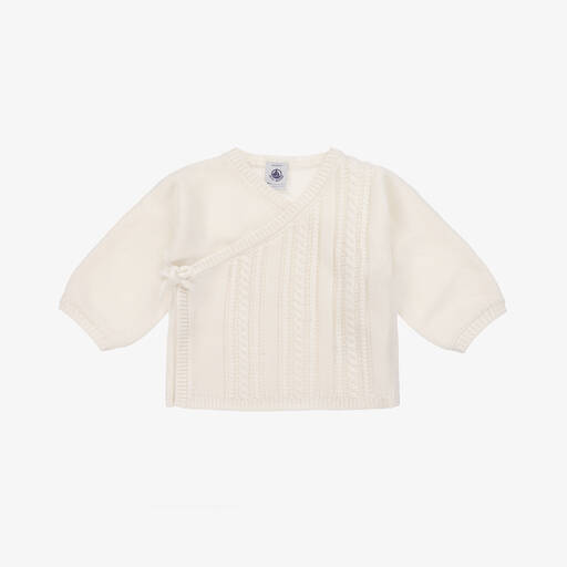 Petit Bateau-Ivory Wool & Cotton Knit Baby Cardigan | Childrensalon