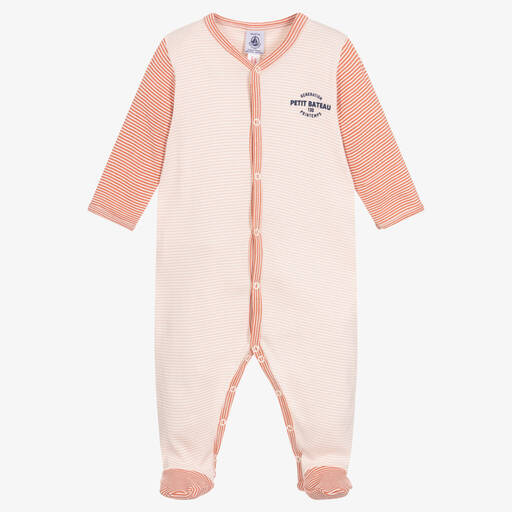 Petit Bateau-Pink Organic Cotton Striped Babygrow | Childrensalon