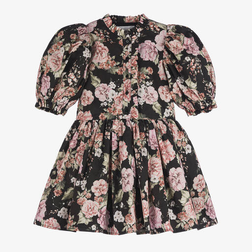 Petite Amalie-Girls Black Floral Puffed Sleeve Dress | Childrensalon