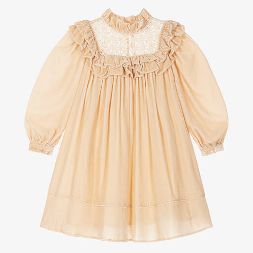 Petite Amalie-Girls Golden Beige Velvet Dress | Childrensalon