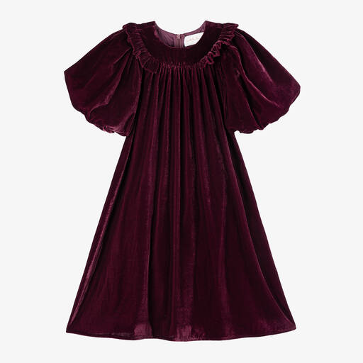 Petite Amalie-Girls Red Velvet Puff Sleeve Dress | Childrensalon