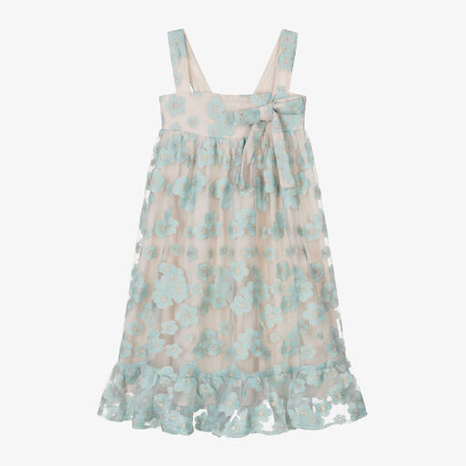 Petite Amalie-Girls Turquoise Blue Embroidered Tulle Dress  | Childrensalon