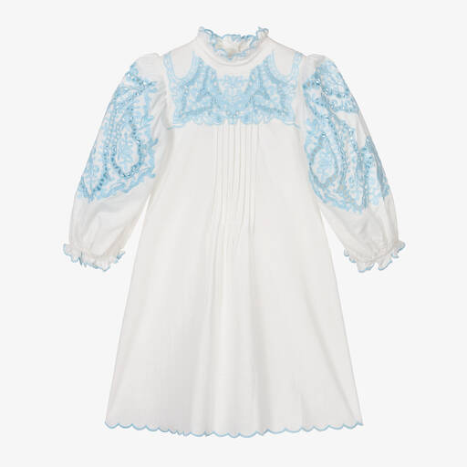 Petite Amalie-فستان قطن وكتان مطرز لون أبيض وأزرق | Childrensalon