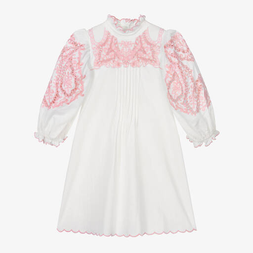 Petite Amalie-Girls White Embroidered Cotton & Linen Dress  | Childrensalon
