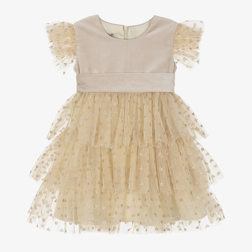 Phi Clothing-Girls Beige Velvet & Tulle Dress | Childrensalon