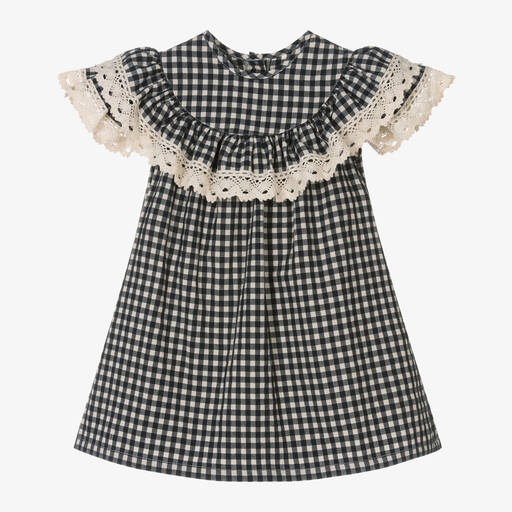 Phi Clothing-Girls Black Cotton Gingham & Lace Dress | Childrensalon