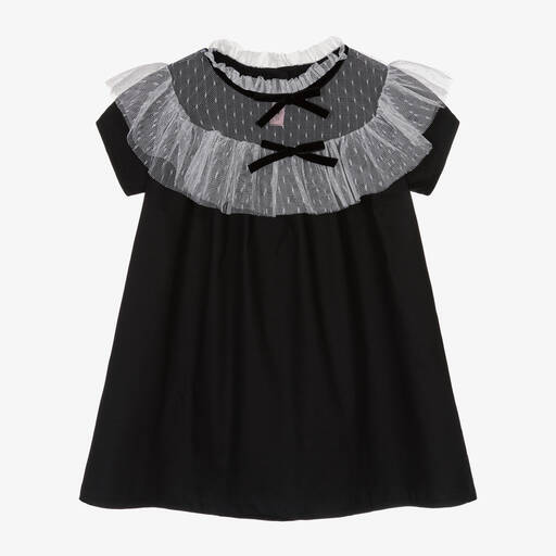 Phi Clothing-Girls Black Cotton & Tulle Frill Dress | Childrensalon