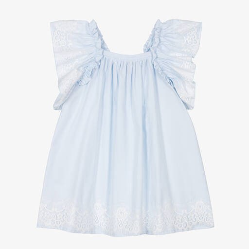 Phi Clothing-Girls Blue Cotton Flutter Lace Dress | Childrensalon