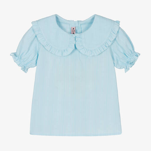 Phi Clothing-Girls Blue Cotton Frill Collar Blouse | Childrensalon