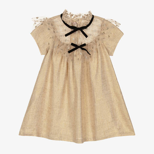 Phi Clothing-Золотистое платье из хлопка и льна с блестками | Childrensalon