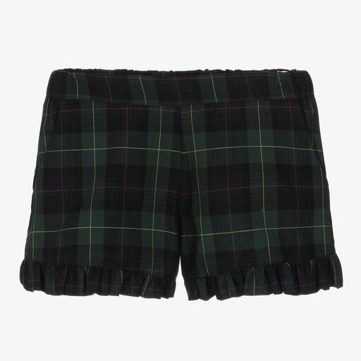 Phi Clothing-Girls Green Cotton Tartan Shorts | Childrensalon