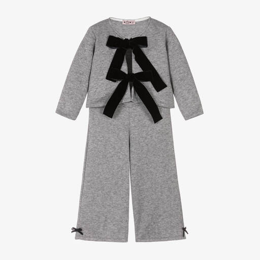 Phi Clothing-Girls Grey Viscose & Velvet Bow Trouser Set | Childrensalon