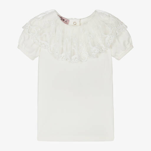 Phi Clothing-Girls Ivory Cotton & Lace T-Shirt | Childrensalon