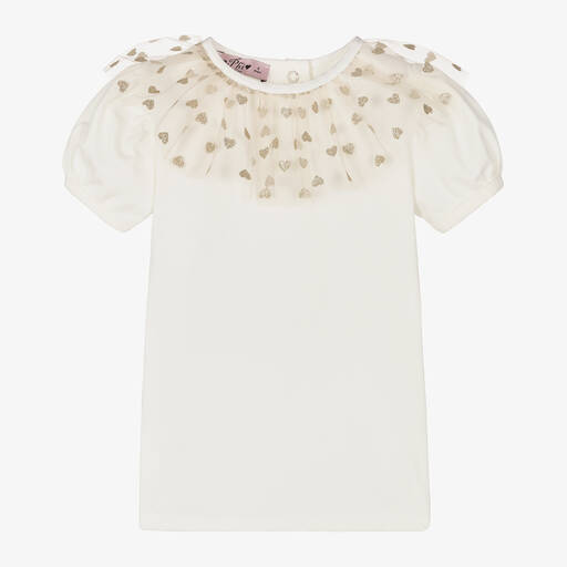 Phi Clothing-Girls Ivory Frilled Cotton T-Shirt | Childrensalon