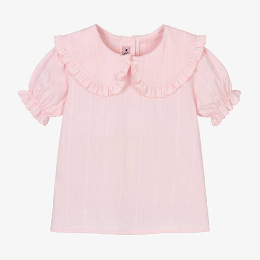 Phi Clothing-Girls Pink Cotton Frill Collar Blouse | Childrensalon