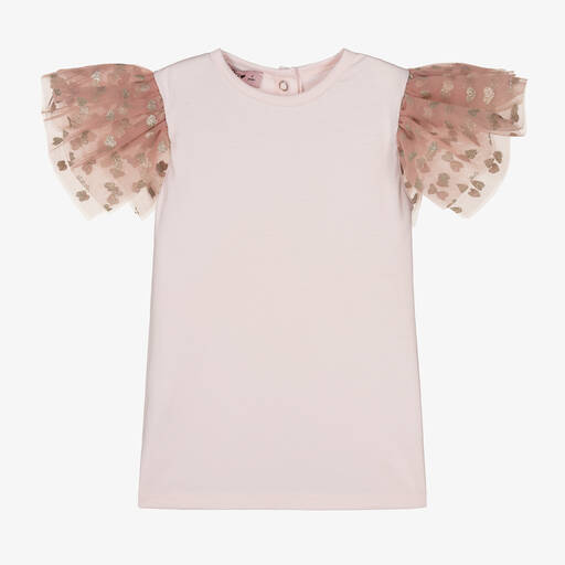 Phi Clothing-Girls Pink Cotton & Tulle T-shirt | Childrensalon