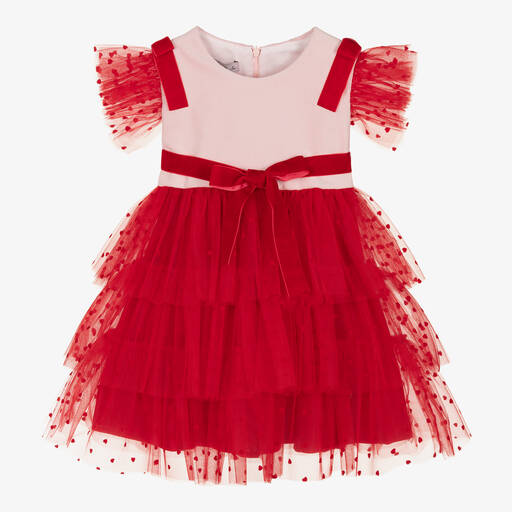 Phi Clothing-Girls Pink Velvet & Red Tulle Dress | Childrensalon