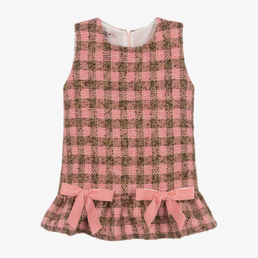 Phi Clothing-Girls Pink Viscose Tweed & Velvet Bow Dress | Childrensalon