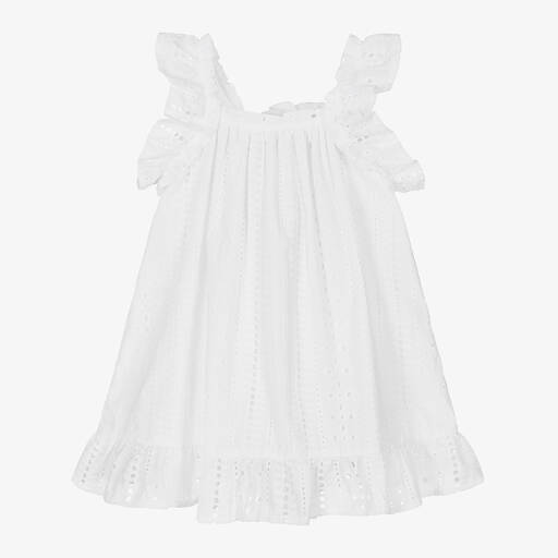 Phi Clothing-Белое хлопковое платье с вышивкой английской гладью | Childrensalon