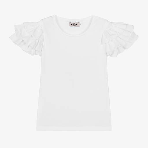 Phi Clothing-Girls White Cotton Frill Sleeve T-Shirt | Childrensalon